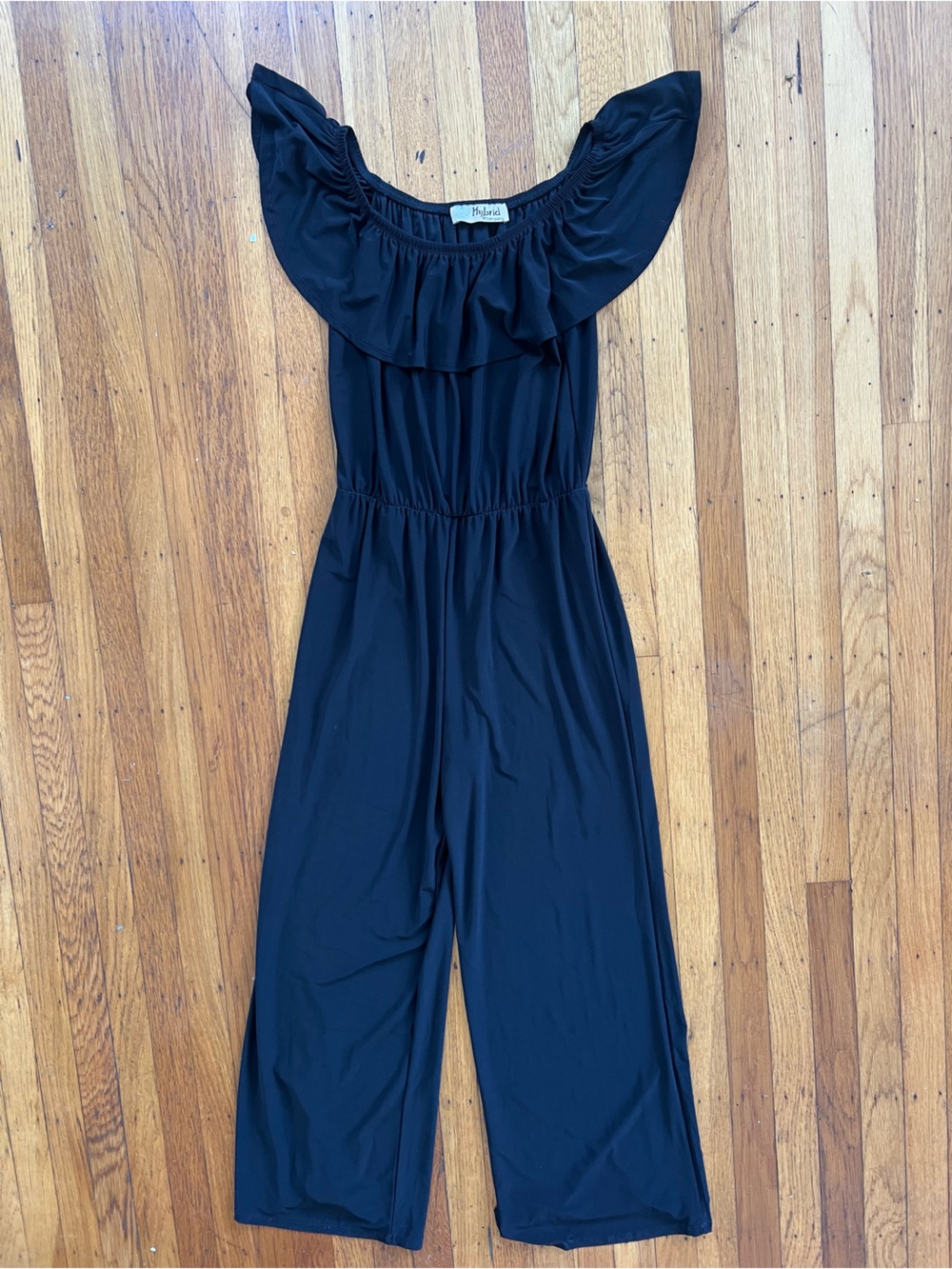 EUC Hybrid &co Black Ruffle Off-Shoulder Jumpsuit Sz M Stretchy Lightweight
